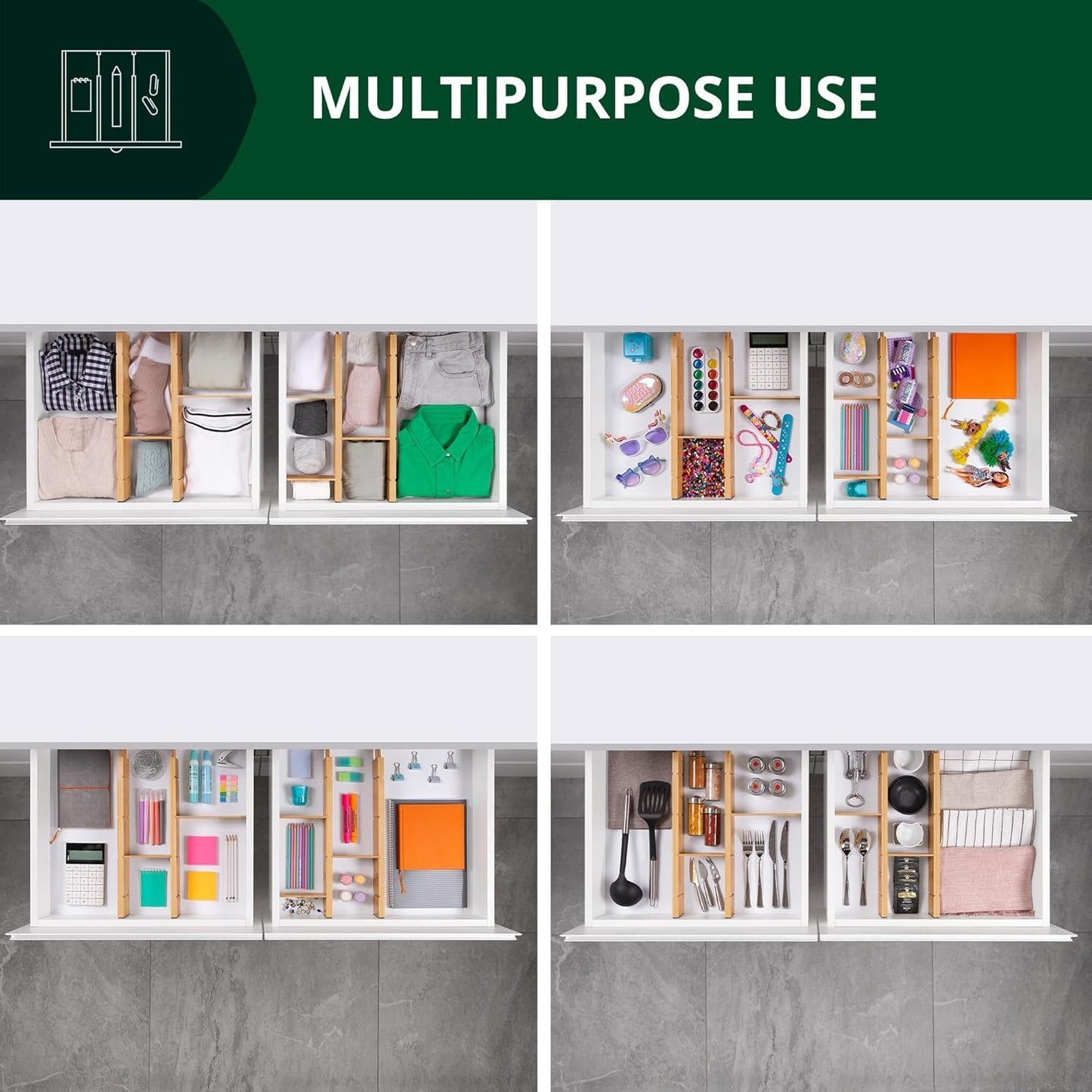 ROYAL CRAFT WOOD Adjustable Bamboo Drawer Dividers Organizers (17-21.5") with Inserts - Expandable Drawer Organization Separators for Kitchen Utensils, Clothes, 4-Pack