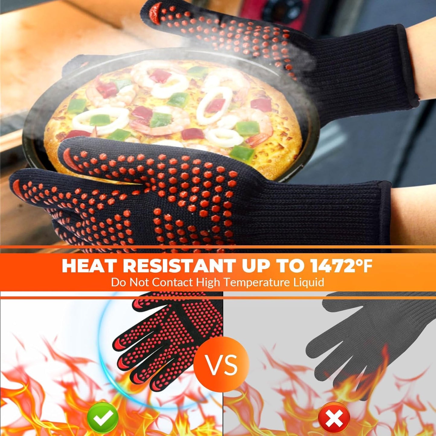 1 Pair Grill Oven Mitts, 1472°F Heat Resistant BBQ Gloves for Cooking, Non-Slip Silicone Oven Gloves, Barbecue Grill Gloves BBQ Mitts (Red-Arrow Pattern)