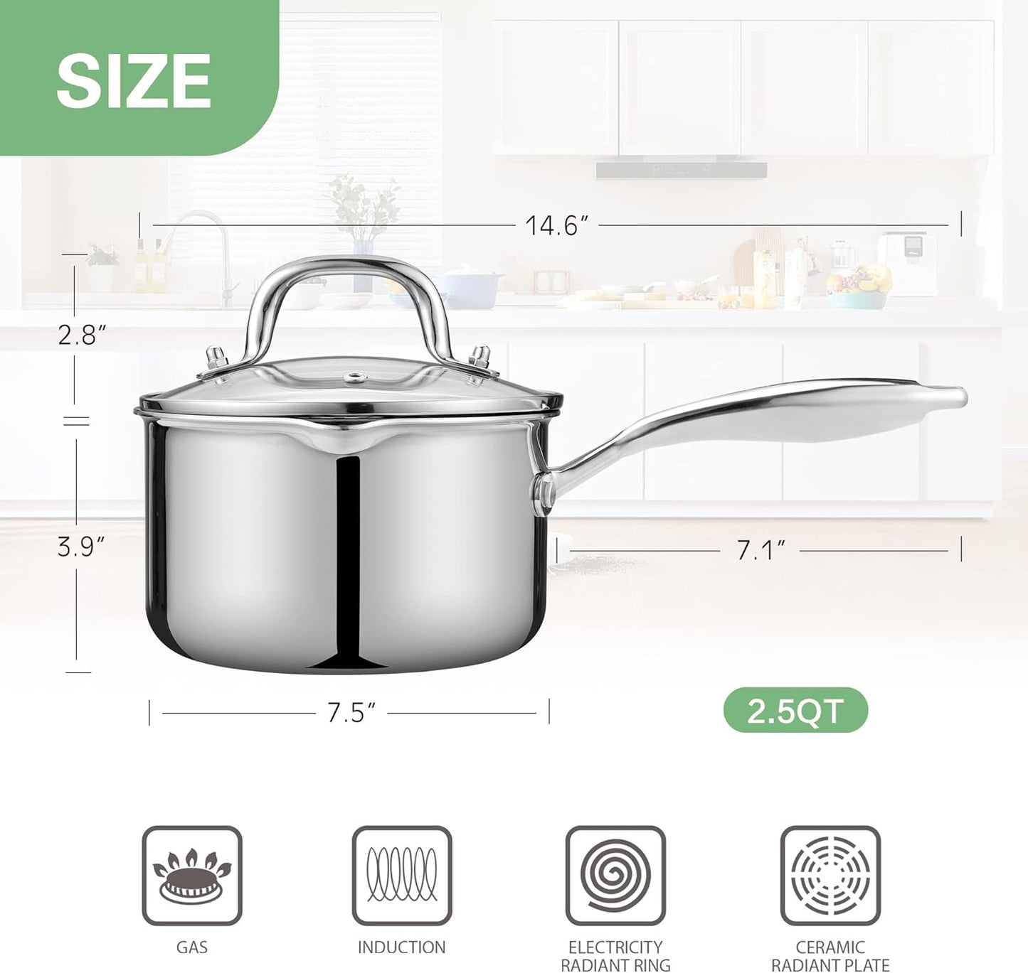 2.5 Quart Stainless Steel Pot Saucepan with Glass Strainer Lid, Sauce Pot with Two Side Spouts, Induction Cooking Pot, Multipurpose Sauce Pan with Lid for Cooking(Tri-Ply Full Body)