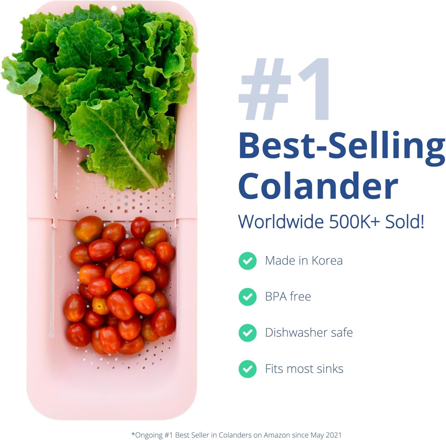 BLUE GINKGO Over the Sink Colander Strainer Basket - Wash Vegetables and Fruits, Drain Cooked Pasta and Dry Dishes - Extendable - New Home Kitchen Essentials (7.9 W x 14.5-19.5 L x 2.75 H) (Pink)