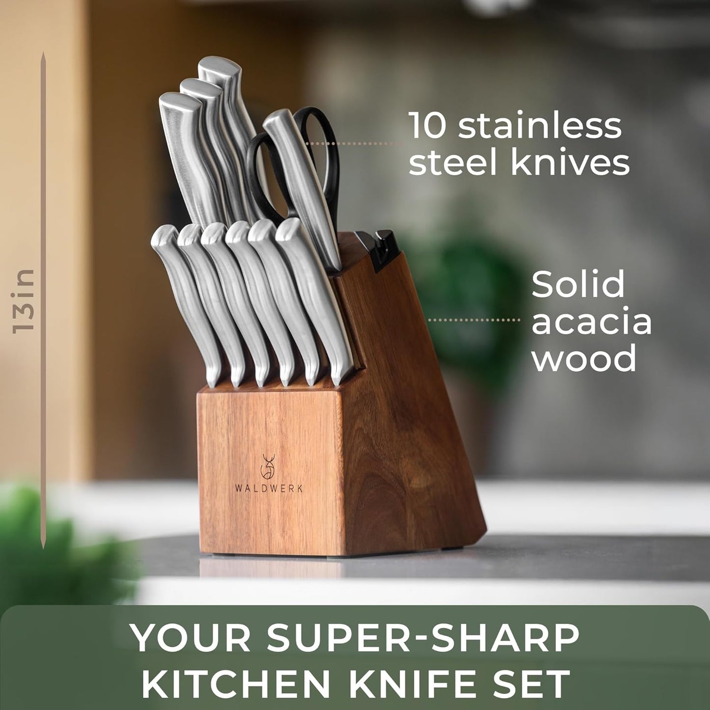 WALDWERK Knife Set - 11pcs Kitchen Knife Set with Block and Integrated Sharpener - Kitchen Knife Set - Knife Block Set - Kitchen Knifes - Knives Set for Kitchen