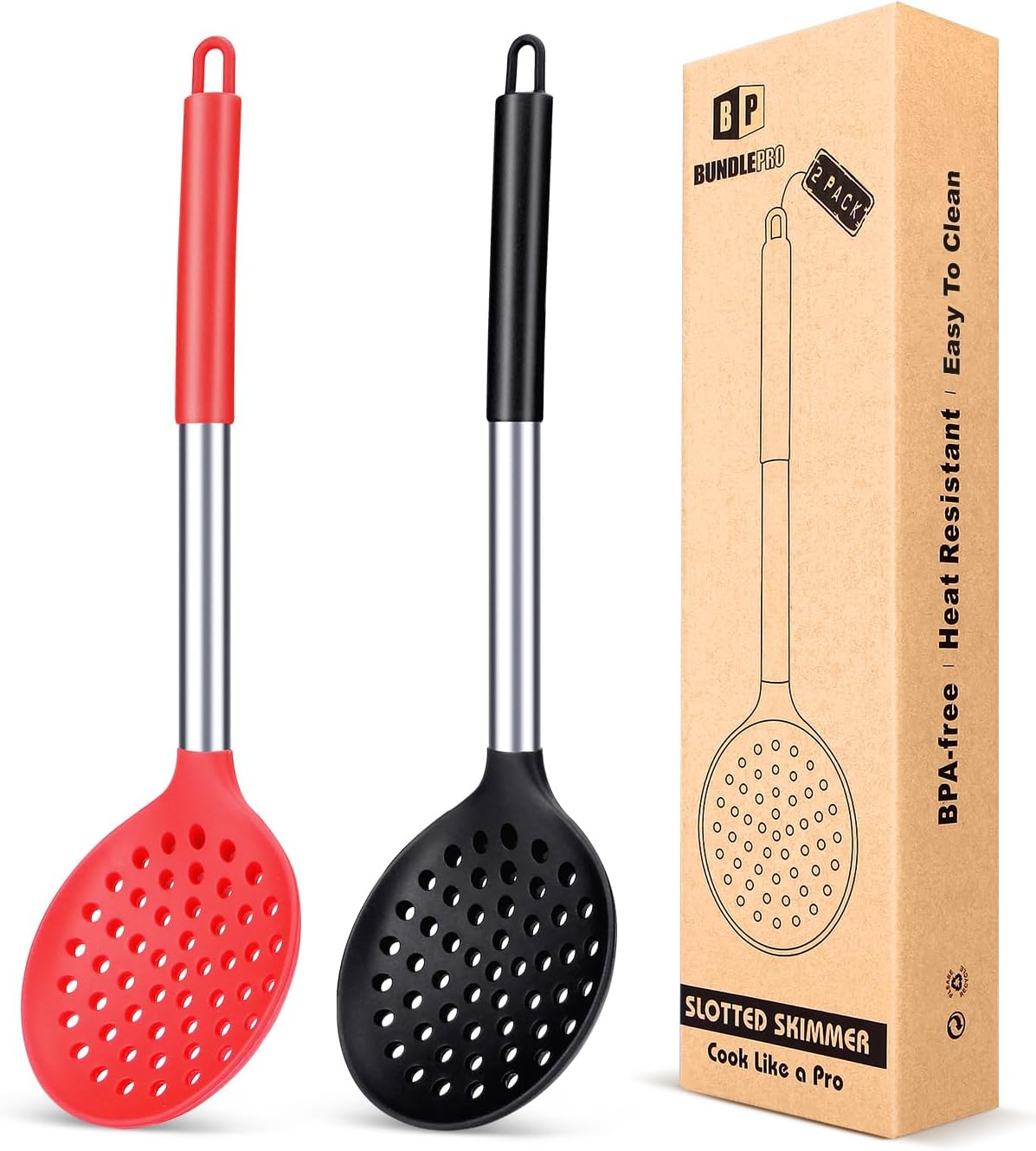 Kitchen Ladle Strainer Set of 2 Large Slotted Spoon with High Heat Resistant BPA Free Non Stick Cooking Skimmers For Draining and Frying (Black and Red)