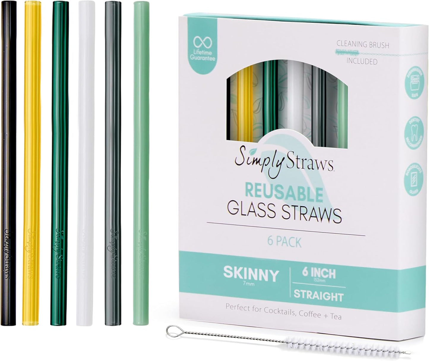 Simply Straws 6 Inch Skinny Glass Straws (6-Pack) - Reusable Cocktail Straws for Mixed Drinks, Low Balls, Coffee & Tea, with Cleaning Brush – Dishwasher Safe, Hot & Cold Use, BPA-Free (Fjord Mist)
