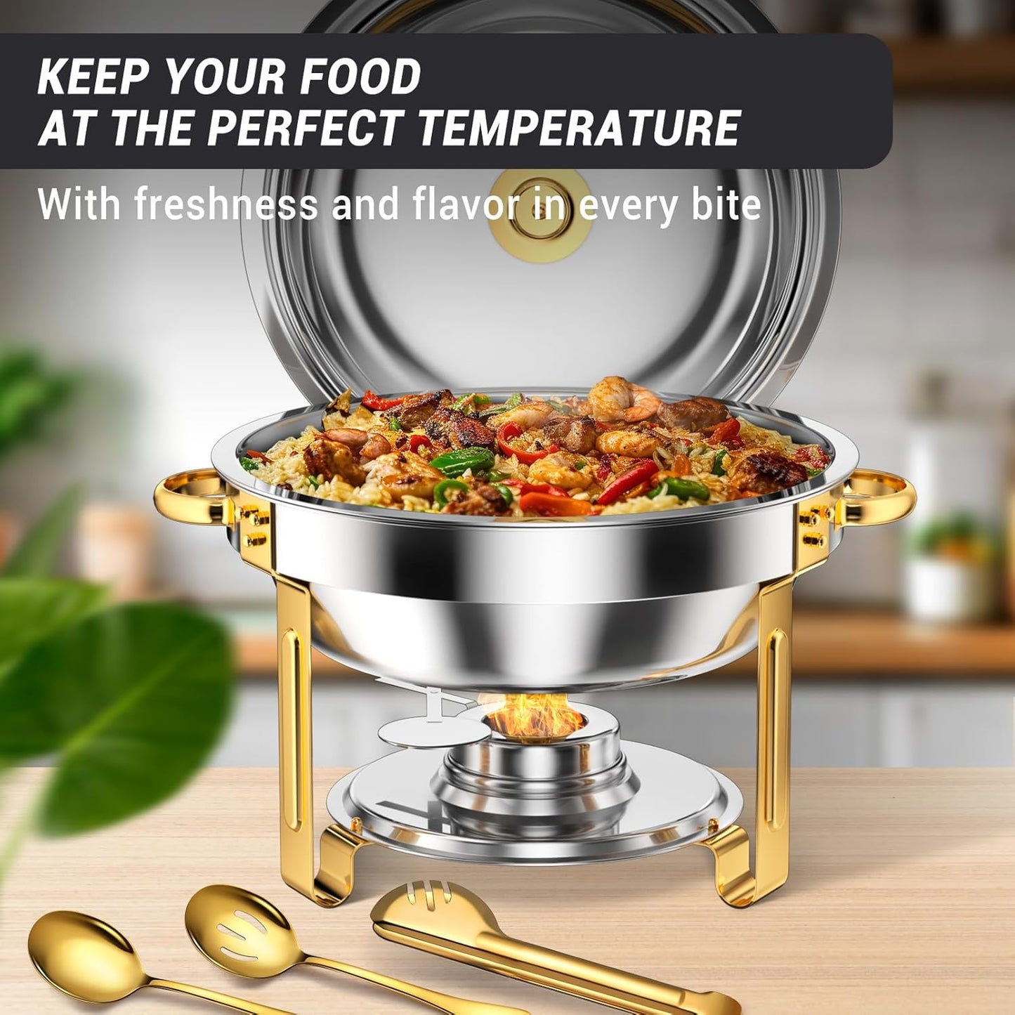 Round Chafing Dishes for Buffet 5 Qt,High Grade Chafing Dish Buffet Set, Full Size Pan,Rolled-Edge Design Food Warmers for Parties,Buffet,Wedding,Birthday,Camping 4 PACK (Half Gold)