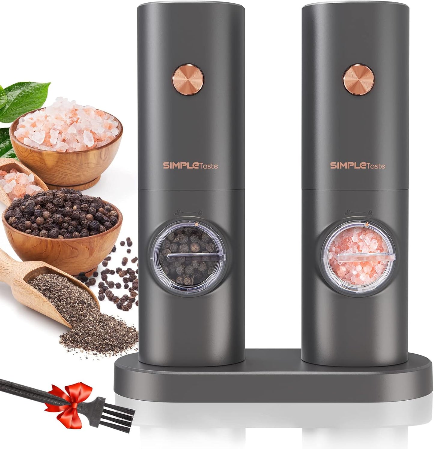 SIMPLETASTE Electric Salt and Pepper Grinder Set, One-Handed, Battery Powered, Adjustable Coarseness, LED Light, Pepper mills with stand, Seasoning Tools for Kitchen, Dining or Gifting
