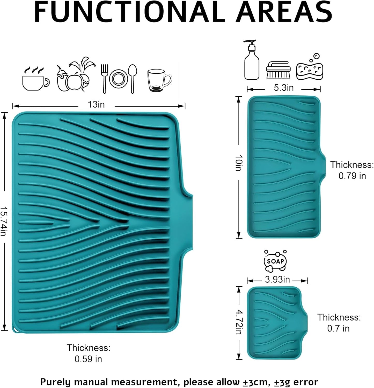 Silicone Dish Drying Mat for Kitchen Counter, Dish Drying Pad, Non-Slip Drain Pad with Built-in Drain, Heat Resistant Stone Drying Mat, 3 pcs (Green)