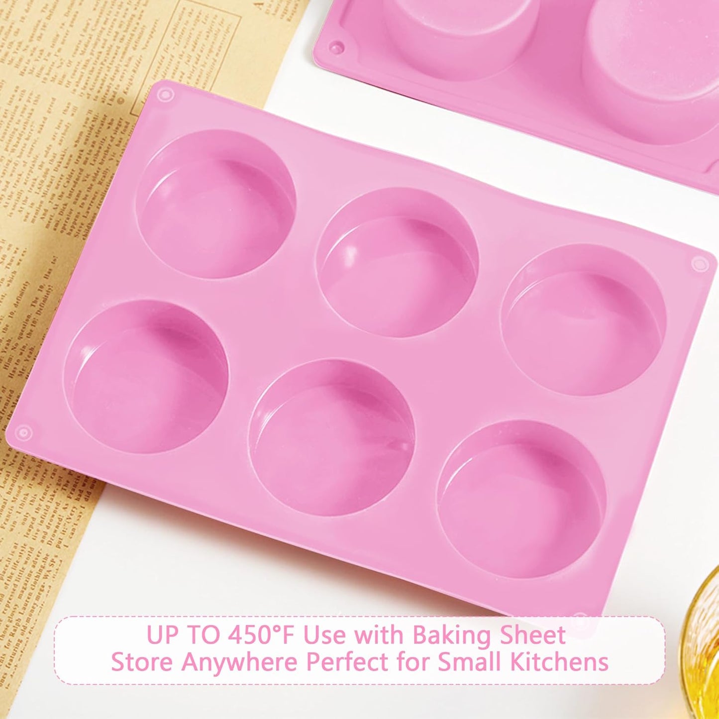 3-Pack Jumbo 6-Cup Silicone Muffin Pan Silicone Muffin Pan - Non-Stick Baking Mold for Cupcakes, Cornbread, Eggs - Pink