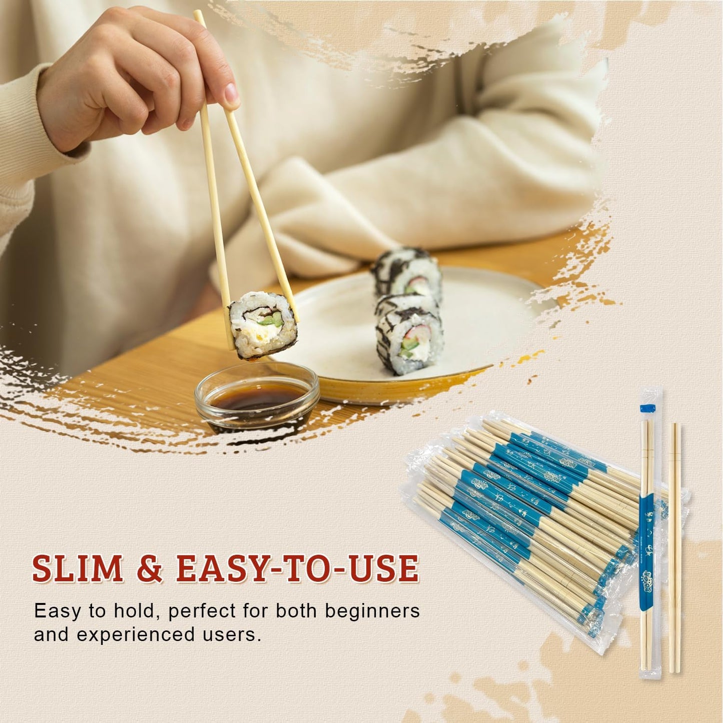 52USA Disposable Bamboo Chopsticks (100 Sets), 9'' Long Individually Wrapped Chinese Chopsticks Wooden Clear Bag Bulk