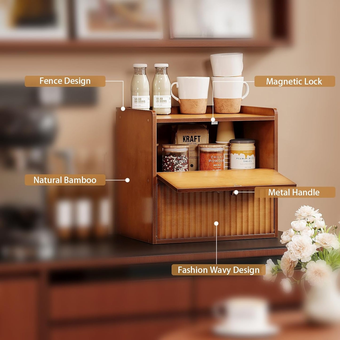 Rustic Bread Box for Kitchen Countertop Bamboo Bread Storage Container Bin Double Layer BreadBox Farmhouse Large Capacity Food Organizer (Brown)