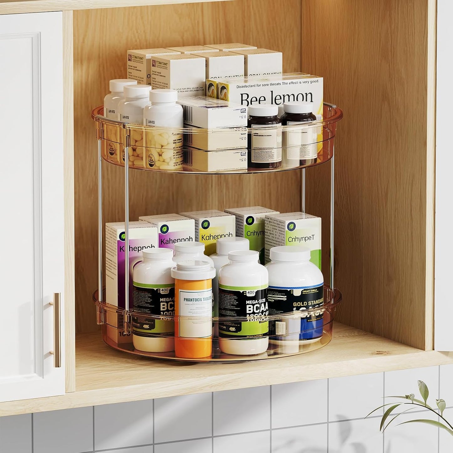 LAMU 12inch 2 Tier Lazy Susan Turntable Organizer Rotating Spice Rack Organization for Cabinet, Kitchen, Pantry, Countertop, Bathroom, Vanity, Medicine Cabinet Organizer, Amber