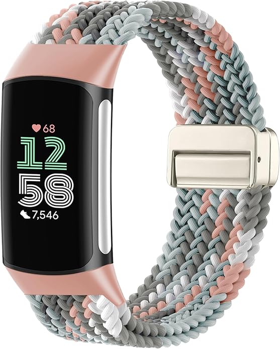 Magnetic Braided Nylon Compatible with Fitbit Charge 6 Bands/Fitbit Charge 5 Bands for Women Men, Soft Sport Stretchy Breathable Strap Replacement Wristband for Charge 6/Charge 5