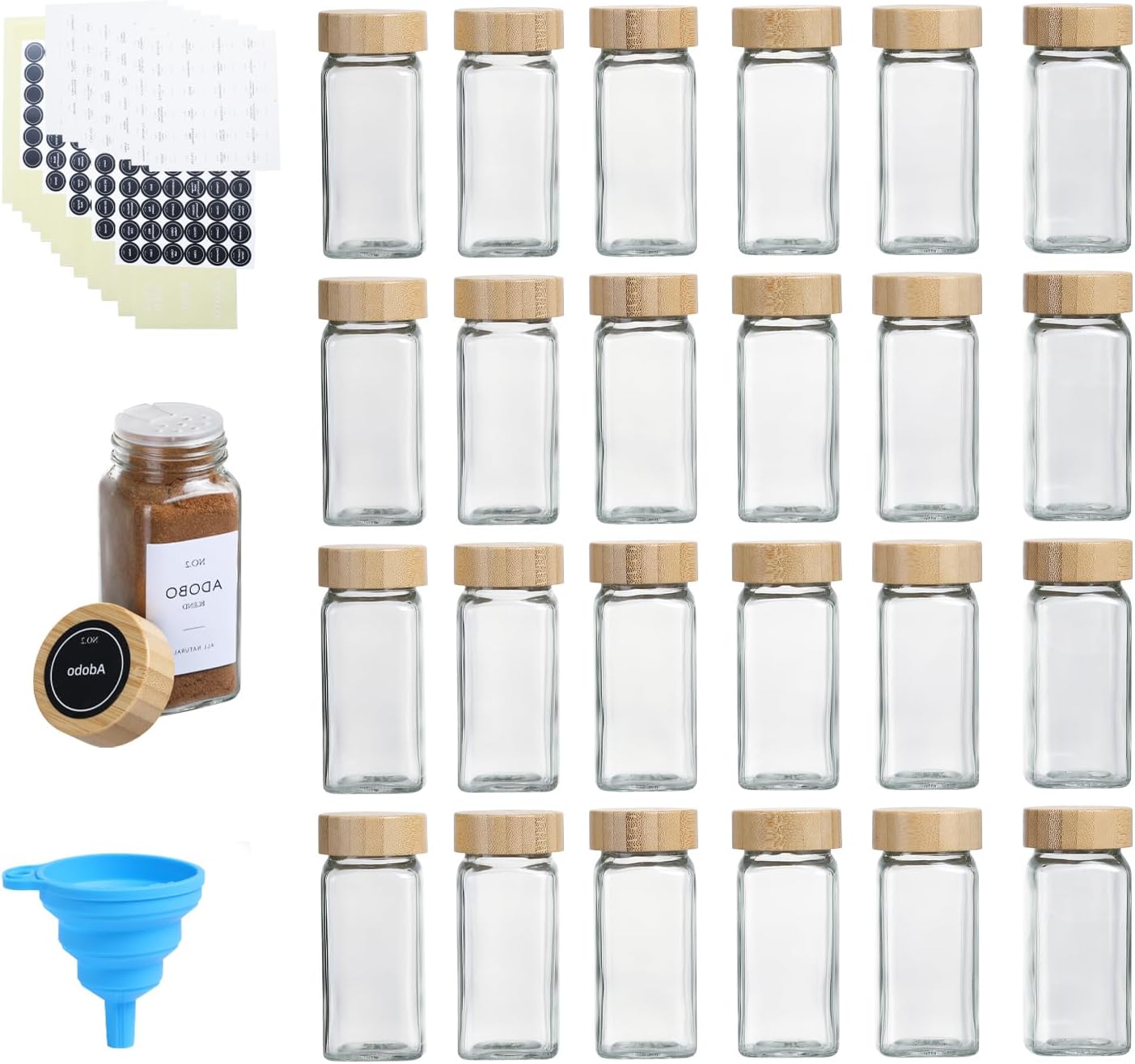 4 oz Glass Spice Jars with Bamboo Lids, Clear Empty Jars with Labels Stickers, Collapsible Funnel, Seasoning Storage Bottles for Spice Racks (24 Pack)