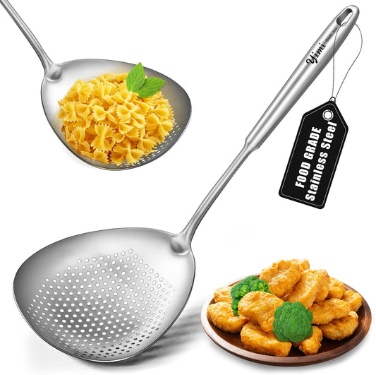 Large Deep Skimmer Slotted Spoon, Real SUS304 Stainless Steel Pasta Strainer, Colander Spoon with Big Draining Holes, Deep Fryer Scoop for Frying, Cooking, Draining, Ideal for Gift, 15''