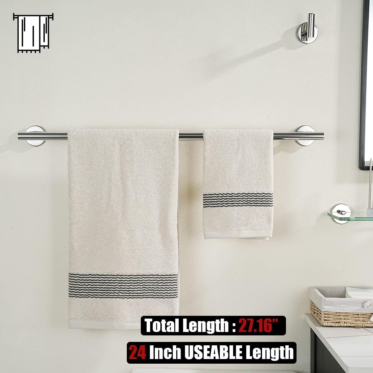 JQK Chrome Towel Bar, 27 Inch 304 Stainless Steel Thicken 0.8mm Towel Rack Bathroom, Towel Holder Polished Finished Wall Mount, Useable Length 24 Inch, TB110L24-CH