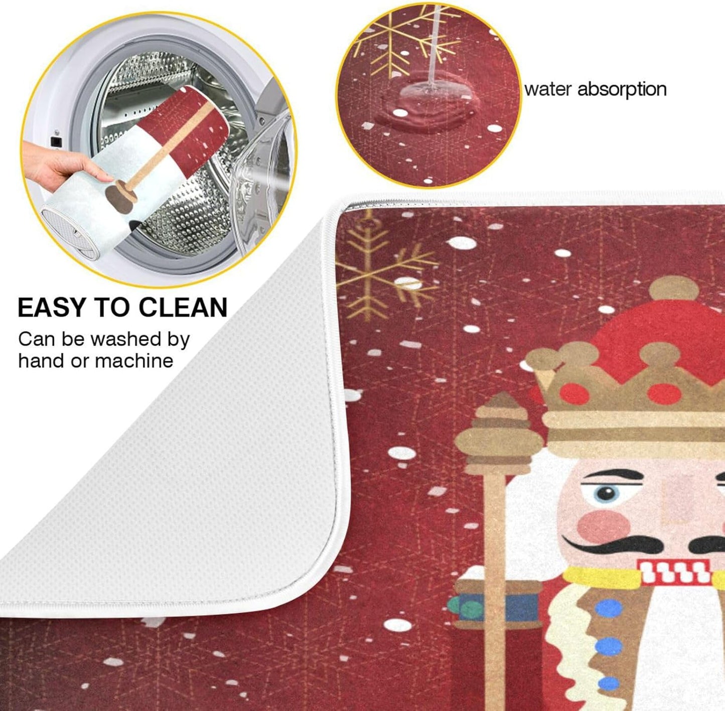 Nutcracker Christmas Dish Drying Mat for Kitchen Counter Absorbent Microfiber Drying Pad, Large 18x24 in, Reversible Drainer Mats