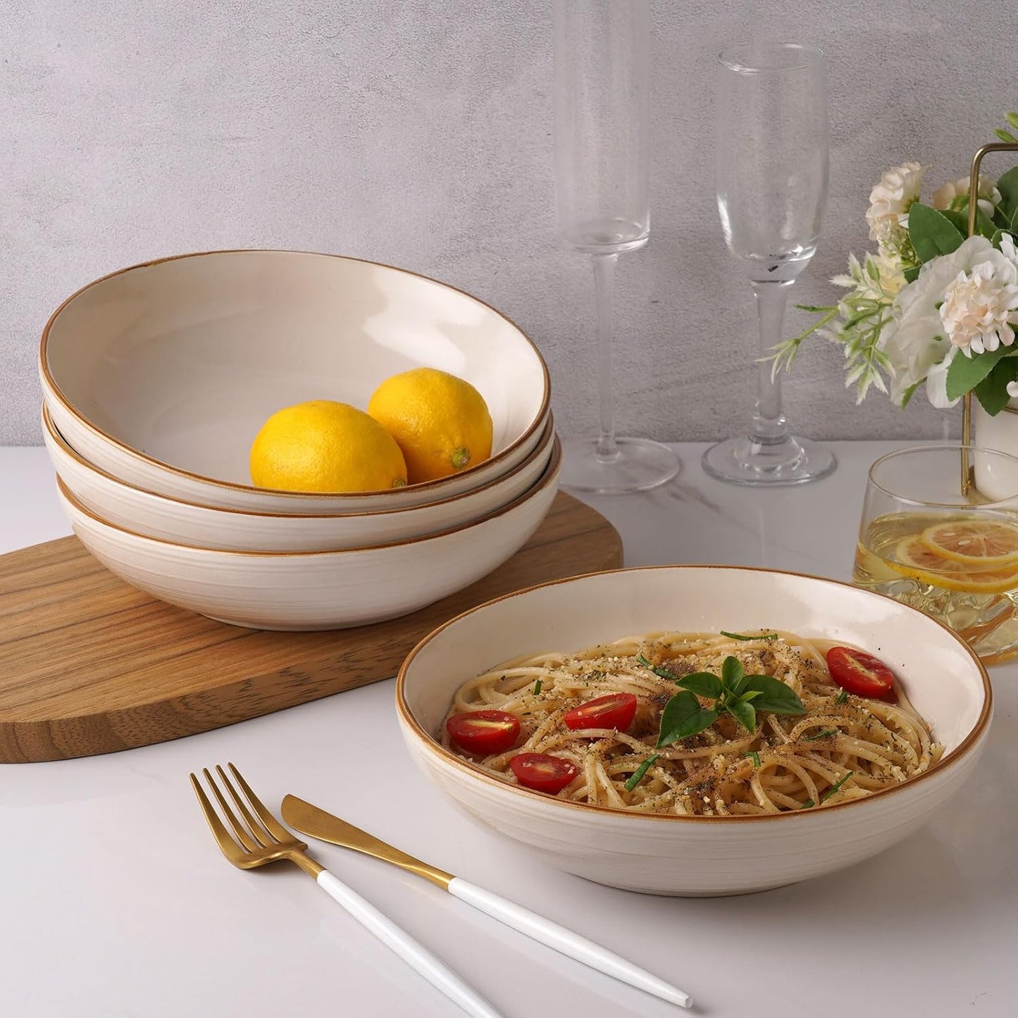 famiware Tempus 8.6'' Pasta Bowls Set of 4, 40 oz Bowls for Kitchen, Stoneware Deep Serving Bowls, Dishwasher & Microwave Safe Bowls for Cereal, Salad, Soup, Dessert etc - Antique White