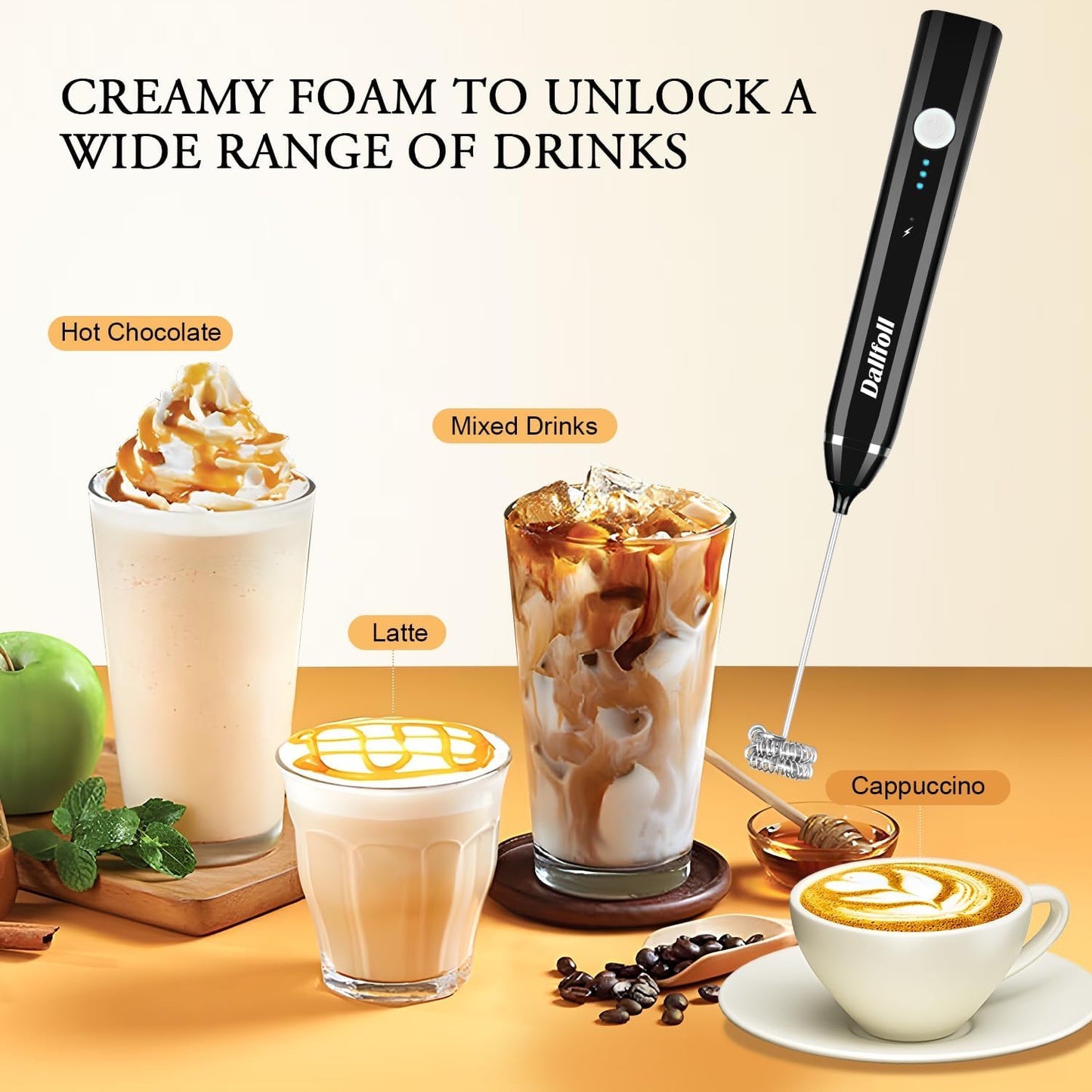 Milk Frother Handheld,Dallfoll USB Rechargeable Electric Foam Wand Maker for Coffee, 3 Speeds Mini Milk Foamer Drink Mixer with 2 Whisks for Bulletproof Coffee Frappe Latte Cappuccino Hot Chocolate