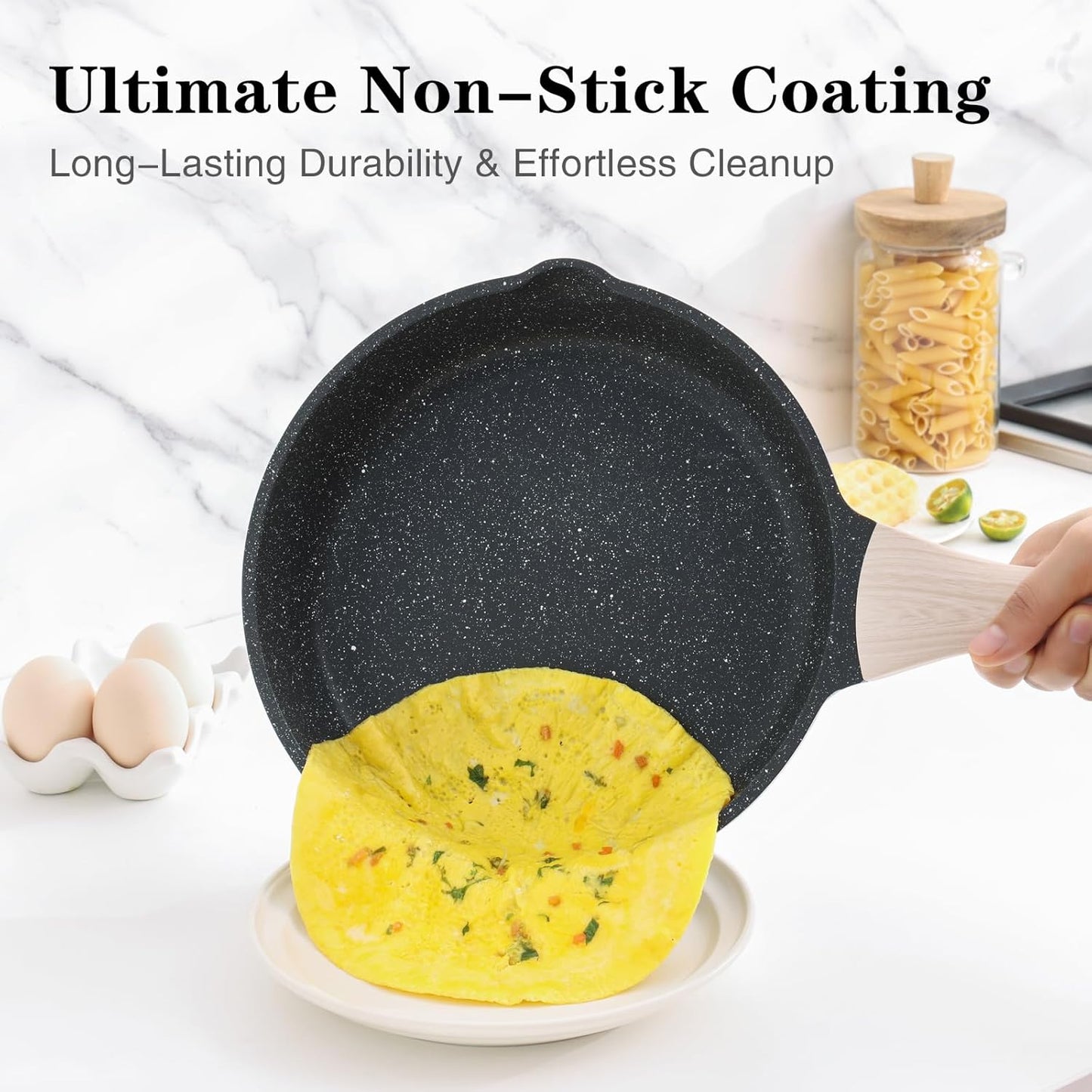Nonstick Frying Pan Skillet with Lid, 9.5 Inch Granite Egg Omelet Pan, Healthy and Non Toxic, Induction Compatible, PFOA Free