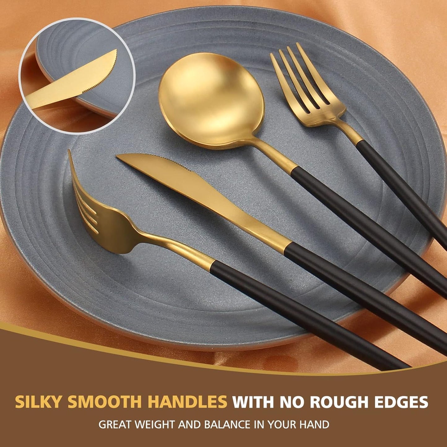 Matte Black Gold Silverware Set, Oliviola 40-Piece Stainless Steel Flatware Cutlery Set Service for 8, Satin Finish Kitchen Utensil Set, Dishwasher Safe