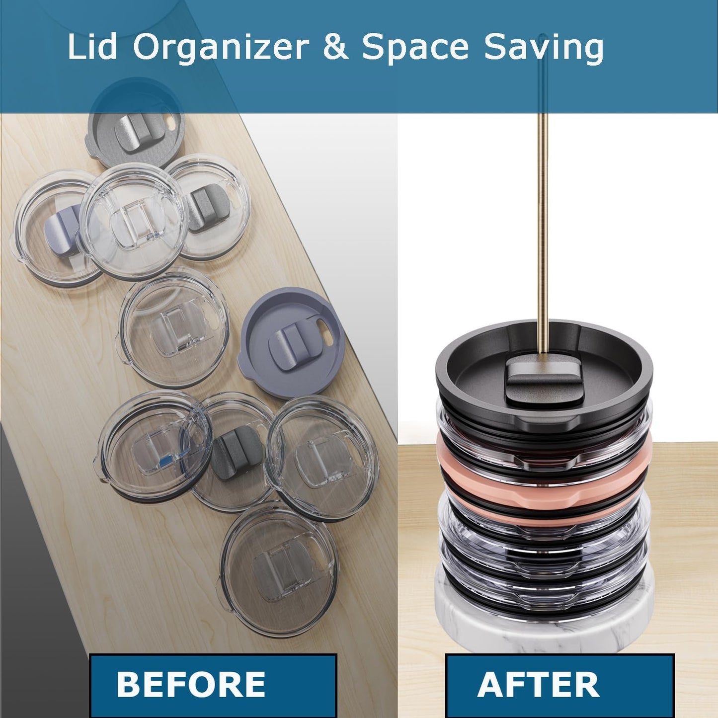 Stainless Steel Tumbler Lid Organizer With Marble Base for Stanley Cup/Yeti - Space-Saving Vertical Stacker for Up to 10 Lids, Clutter-Free Kitchen Cabinets and Countertops (Gold)