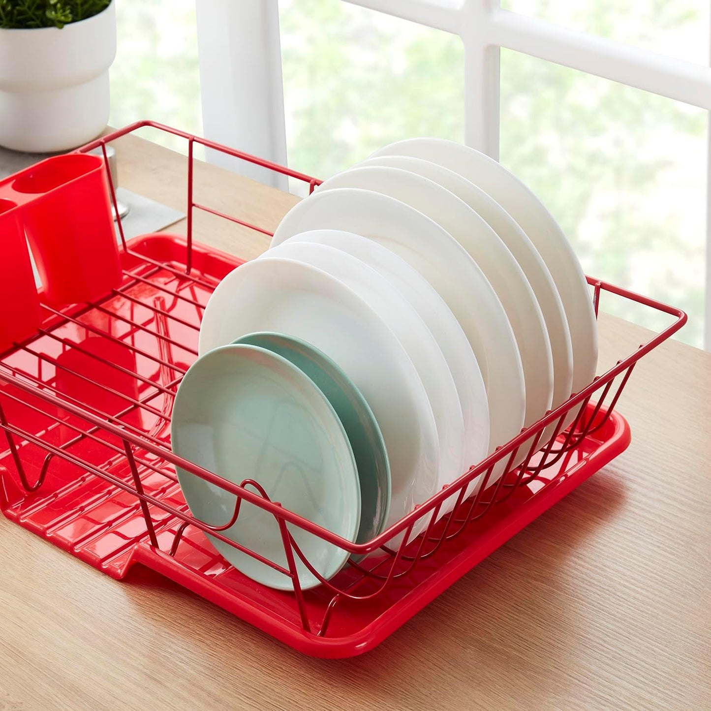 Sweet Home Collection Space-Saving 3-Piece Dish Drainer Rack Set Efficient Kitchen Organizer for Quick Drying and Storage Includes Cutlery Holder and Drainboard Maximize Countertop Space, Bright Red