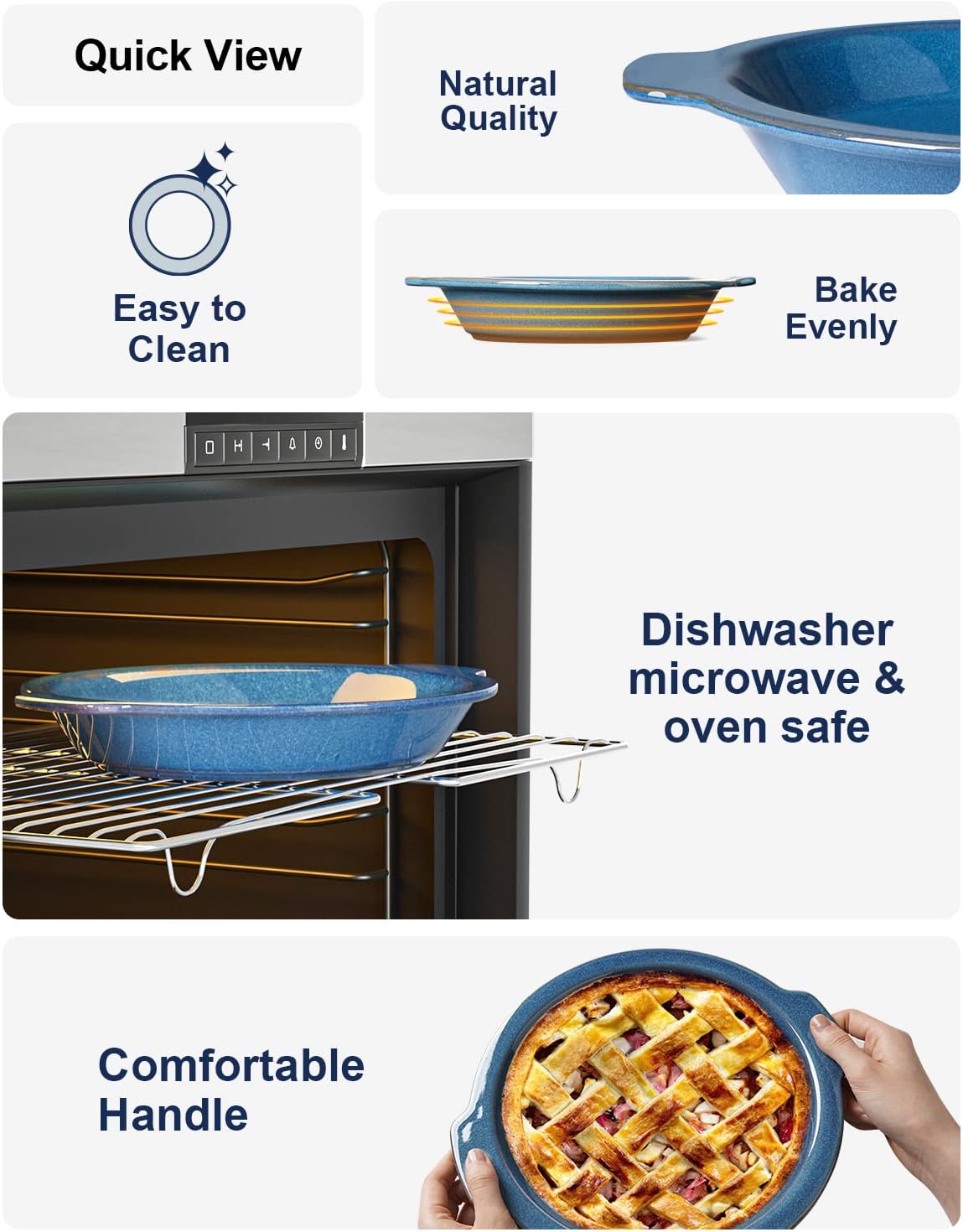 LE TAUCI Ceramic Pie Pans, 9 inch Baking Plates with Handles, Deep Pie Dish for Apple Pie, Pecan Pie, 36 Ounce - Set of 2, Ceylon Blue