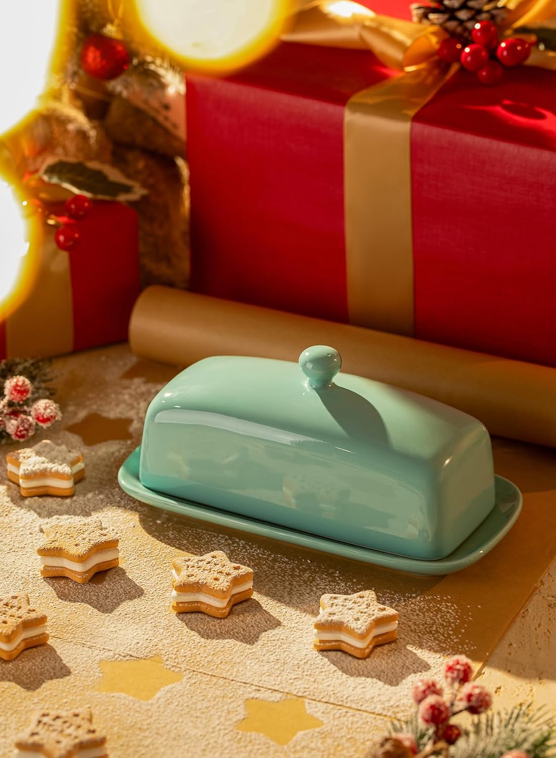 Sweese Butter Dish with Lid, Porcelain Butter Keeper, 7.8 Inch Butter Holder with Handle Cover, Butter Container Perfect for East West Coast Butter, Turquoise