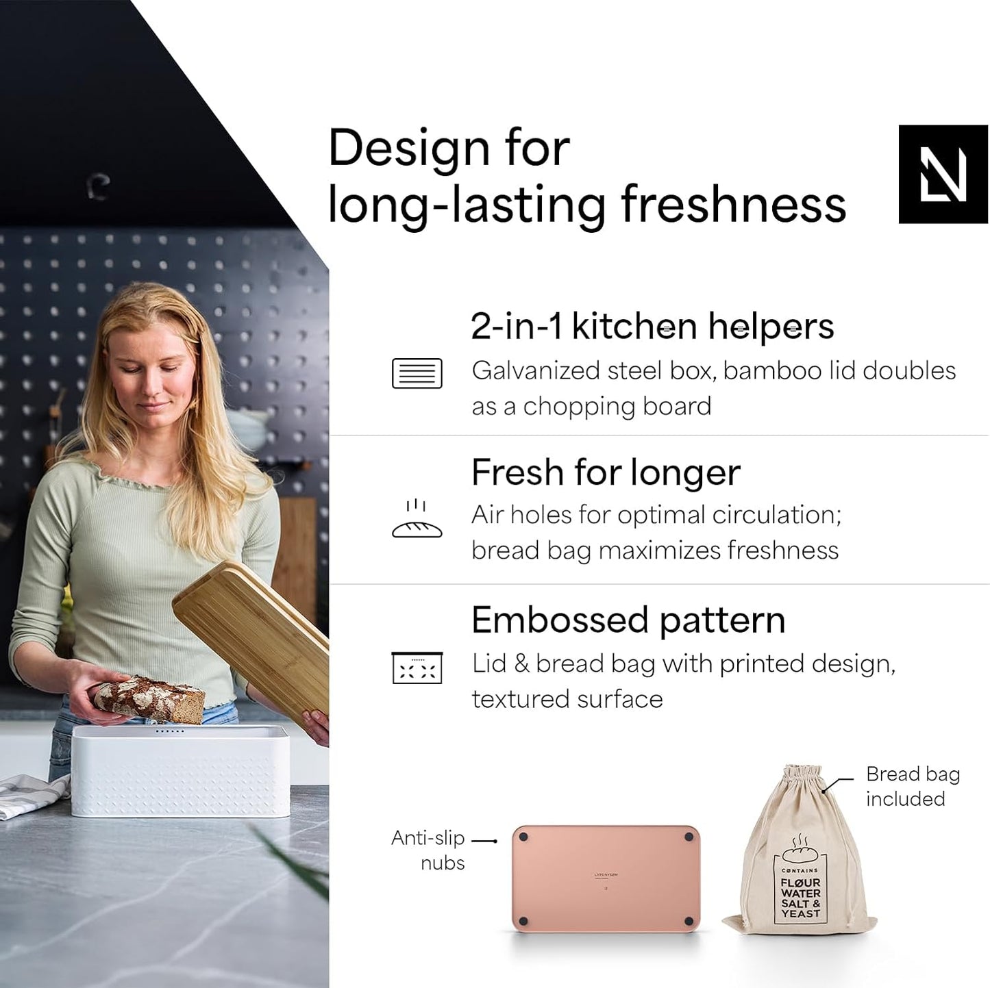 LARS NYSØM Bread Box I Metal Box with linen bag for long lasting freshness I Bread Bin with bamboo lid usable as cutting board I 13.4x7.3x5.3In (Blush Rose)