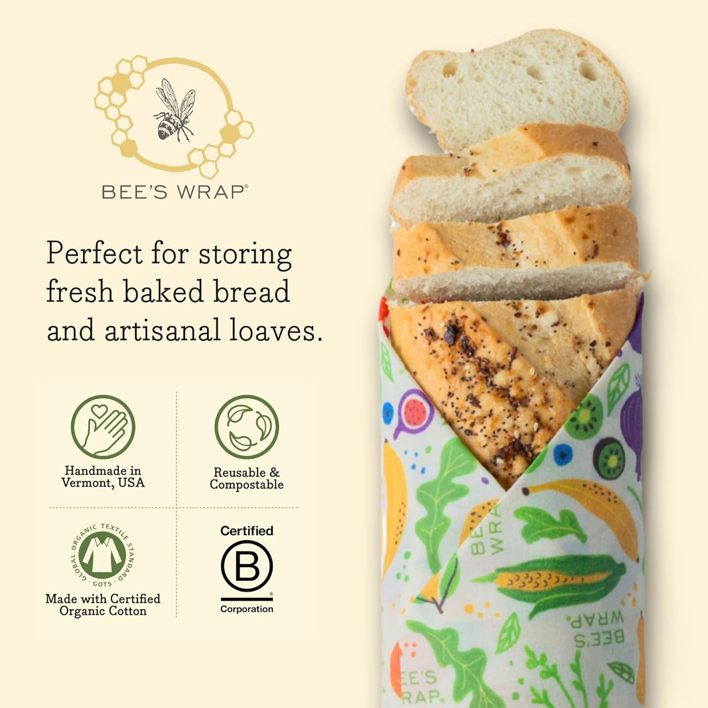 Bee's Wrap Beeswax Wraps for Food - Garden Party Bread Wrap - Made in USA Reusable Bread Storage Bags - Organic & Eco-Friendly Alternative to Aluminum Foil, Sourdough Bags & Plastic Wrap