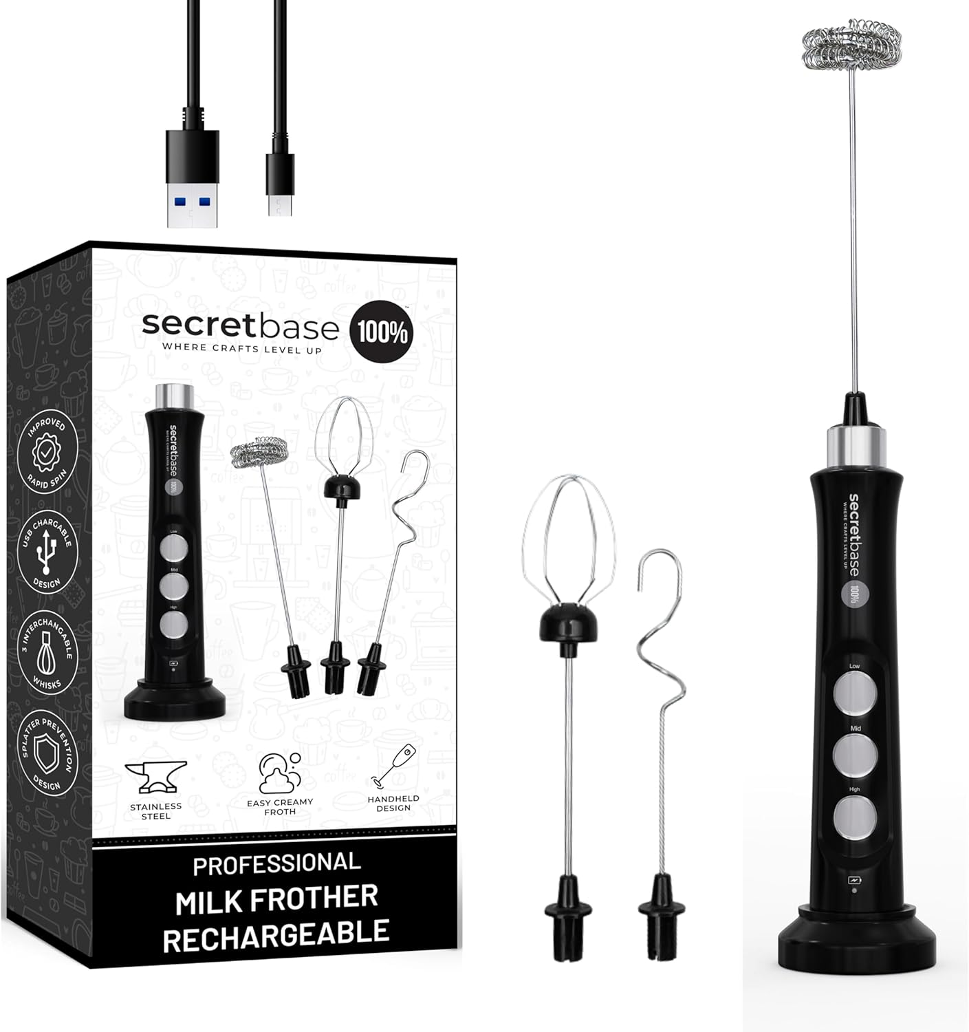 Secretbase 3 Speed Rechargeable Milk Frother Handheld, USB Charging Cradle - Stainless Steel Whisk for Bulletproof Coffee, Espresso Whipper, Mini Electric Stirrer (Black Frother without Pitcher)