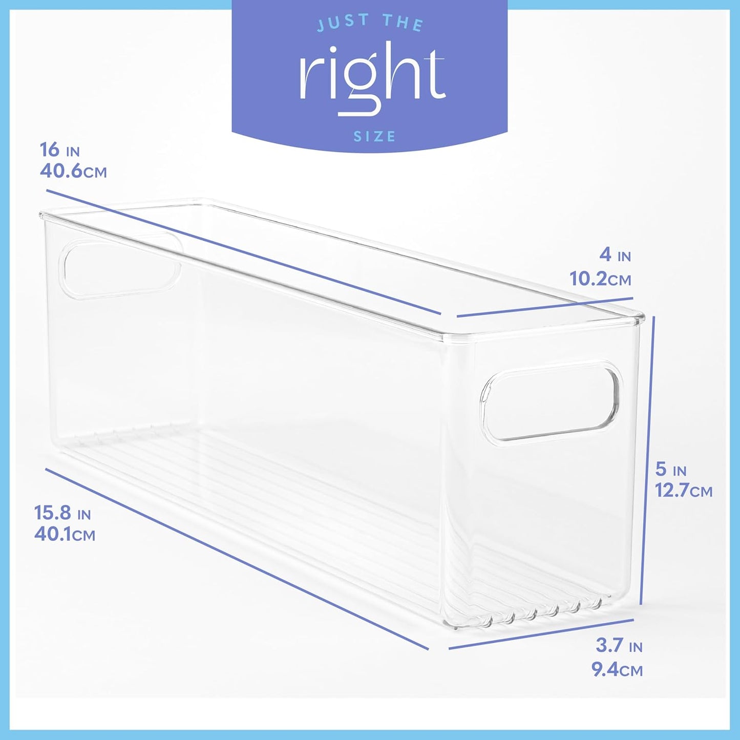 Plastic Food Storage 2 Pack Clear Container Bin with Handles for Organizing Kitchen, Pantry, Refrigerator, Freezer, Pantry, Cabinet, Closet, Bathroom. 16”x4”x5”