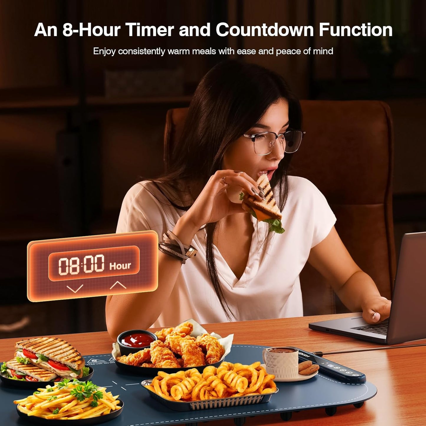 Warming Mat for Food, Voriah Electric Warming Tray with 99H Timer & 8 Temperature Settings, Foldable Food Warmer with °C/°F Switch, Keeps Food Warm at Buffets, Sabbath, Family Gatherings（Dark Blue）