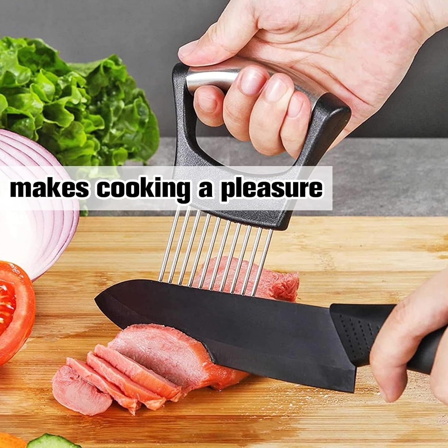 Onion Holder for Slicing, Large Onion Cutter Vegetable Chopper, Stainless Steel Tomato Slicer for Potato Lemon, Practical Meat Tenderizer Tool(2 Pcs)