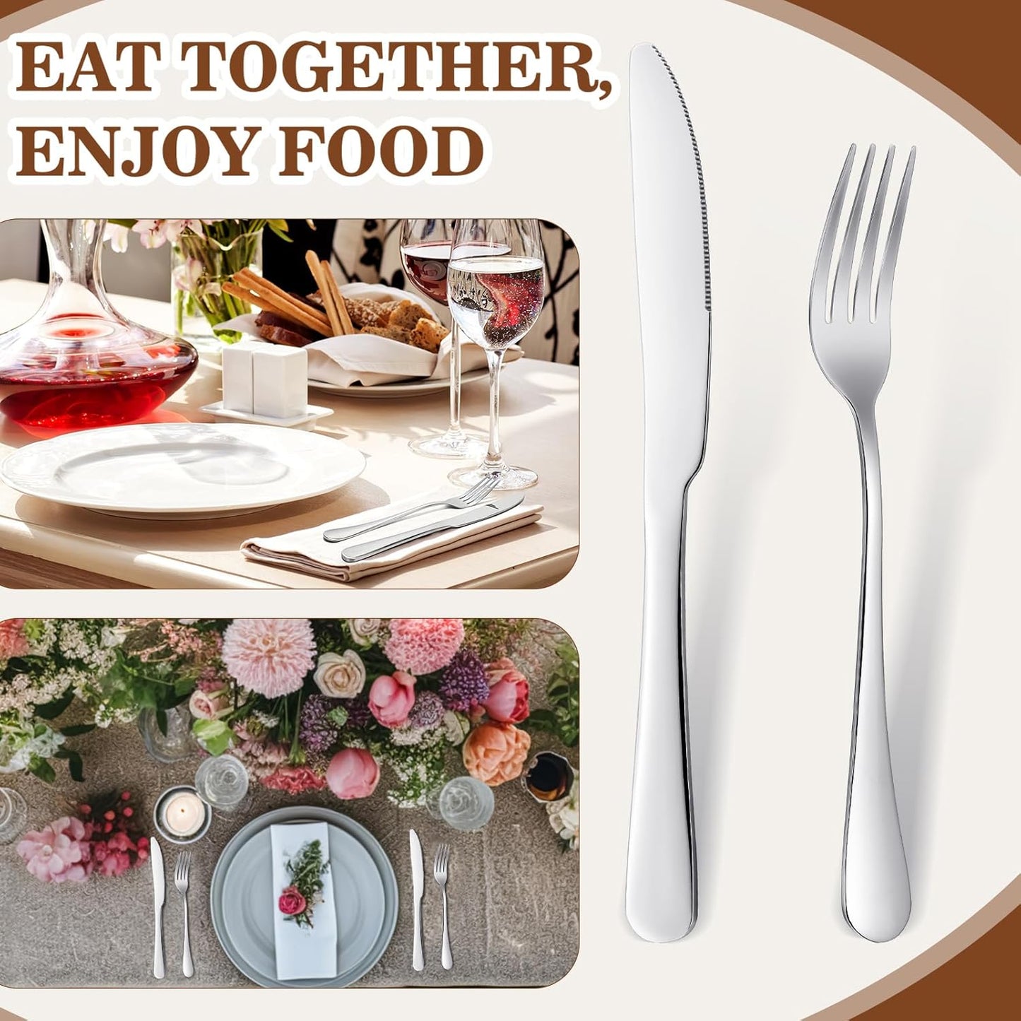 Nuenen 50 Pieces Stainless Steel Forks Silverware Set Dinner Forks and Knives Flatware Tableware Cutlery Set for Kitchen Restaurant(8.07 x 0.94 Inch, 9.06 x 0.79 Inch,Shiny Silver)