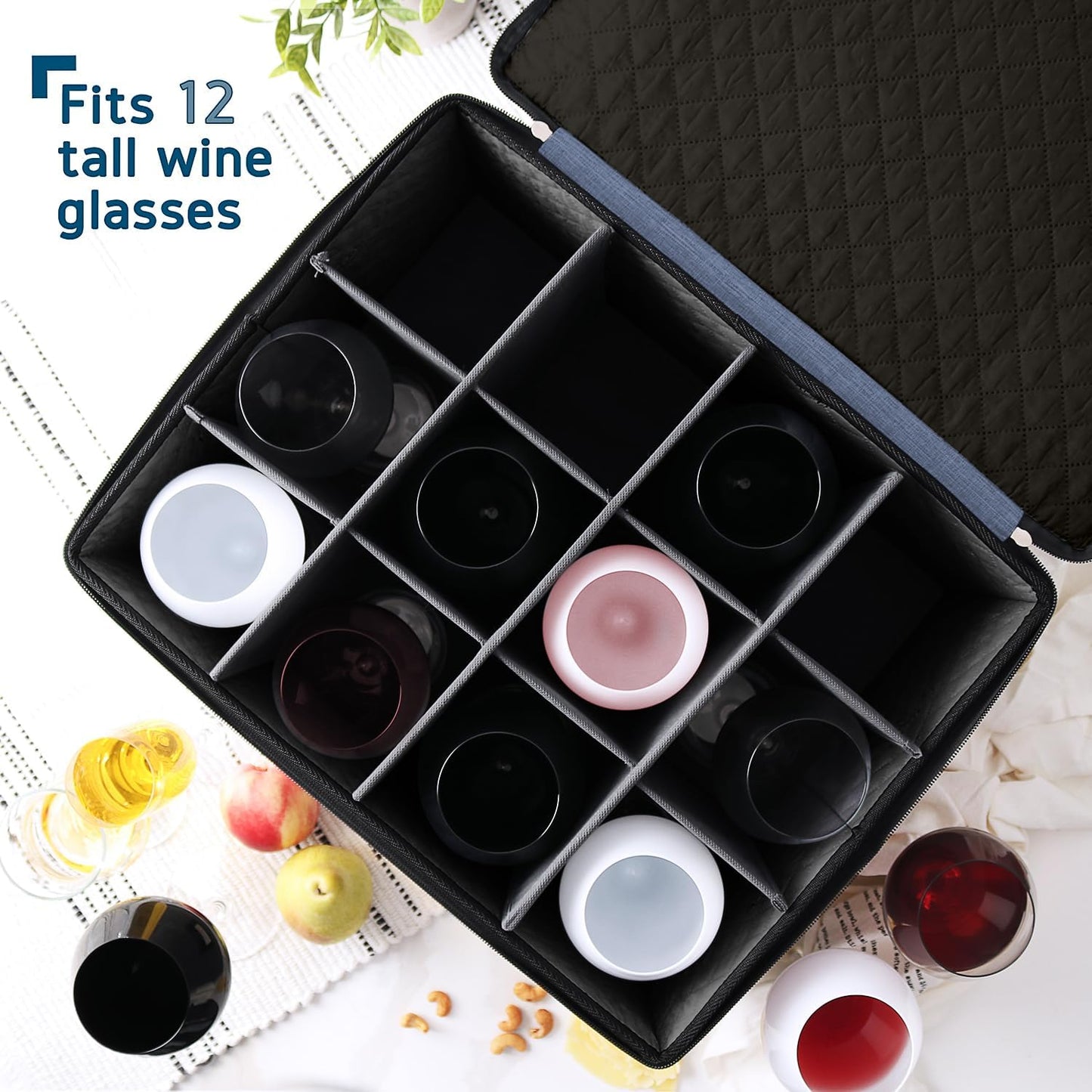 Hearth & Harbor Wine Glass Storage Box with Dividers, Quilted and Stackable Stemware Storage Cases, Service of 12 Glass China Container Hard Shell for Moving and Organization, Blue