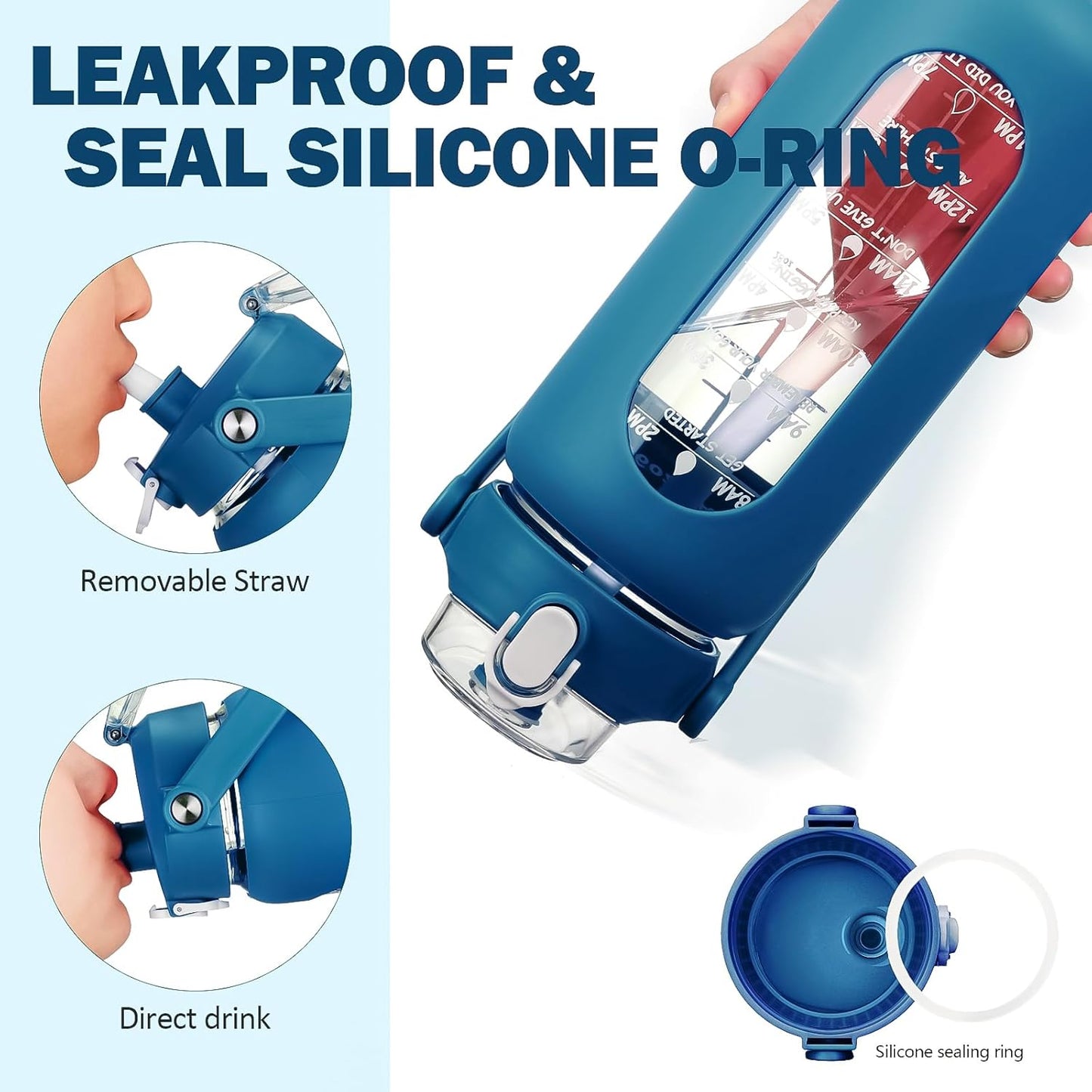 kytffu 56oz Glass Water Bottles with Straw, Motivational Glass Bottle with Silicone Sleeve and Time Marker, Leakproof Large Glass Water Jug for Gym Home Office,Iron Blue