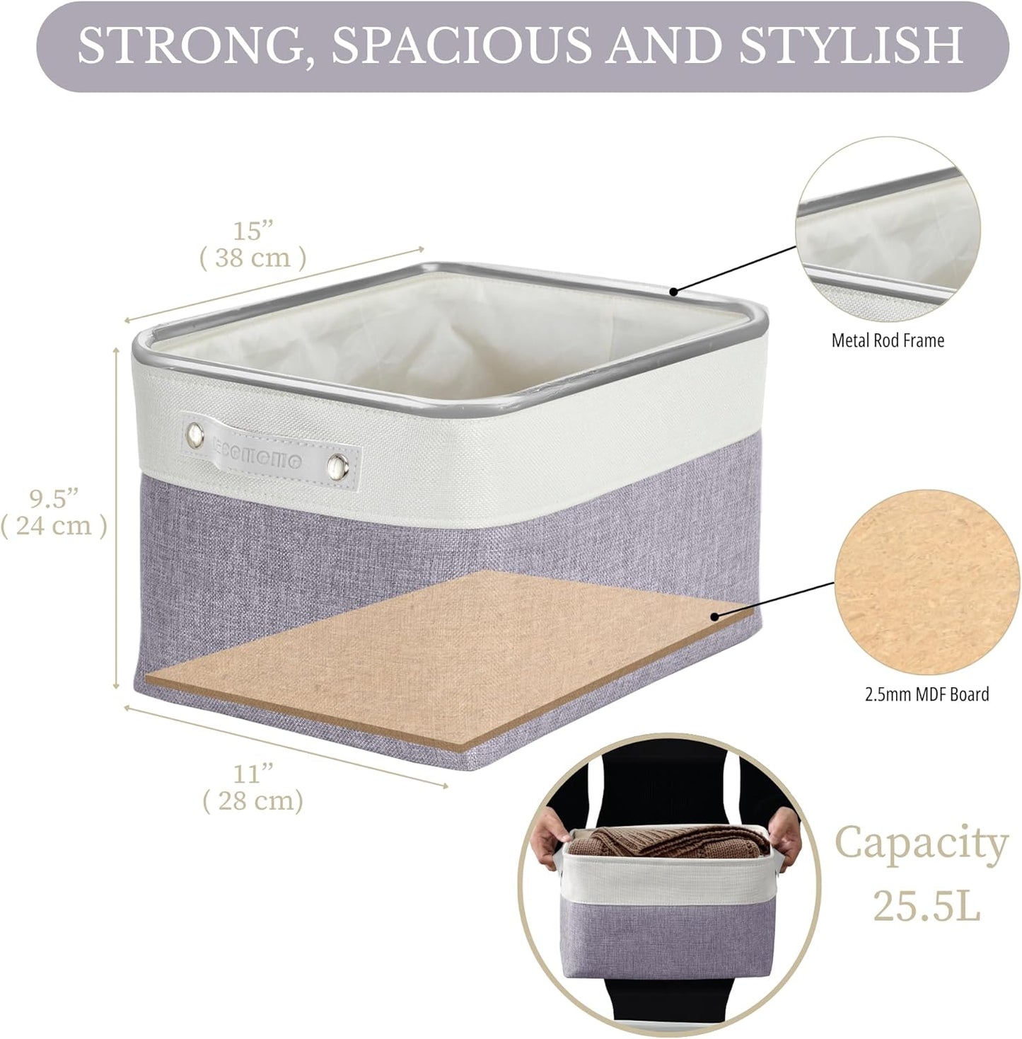 DECOMOMO Storage Baskets for Shelves - Fabric Storage Bins, Linen Closet Organizers and Storage (Purple & White, Large - 3 Pack)