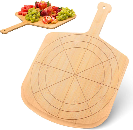 Loftern Wooden Pizza Peel 12 Inch Board with Engraved Sizes - Multi-Purpose Bamboo Pizza Cutting Board, Wood Pizza Peel, Pizza Spatula Paddle, and Serving Board with Size and Cutting Guide