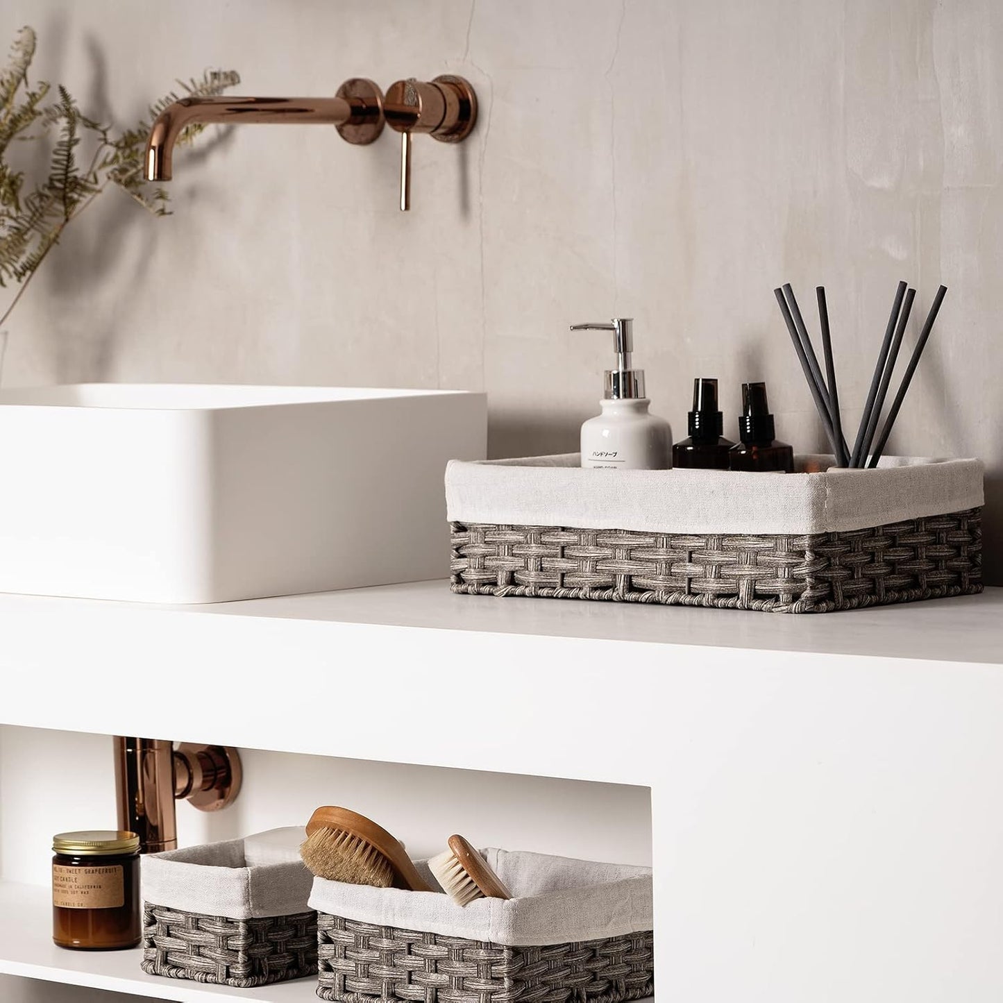 FairyHaus Wicker Baskets for Organizing 3 Pack, Waterproof Small Wicker Storage Basket for Shelves Rectangle, Nesting Lined Grey Plastic Woven Basket