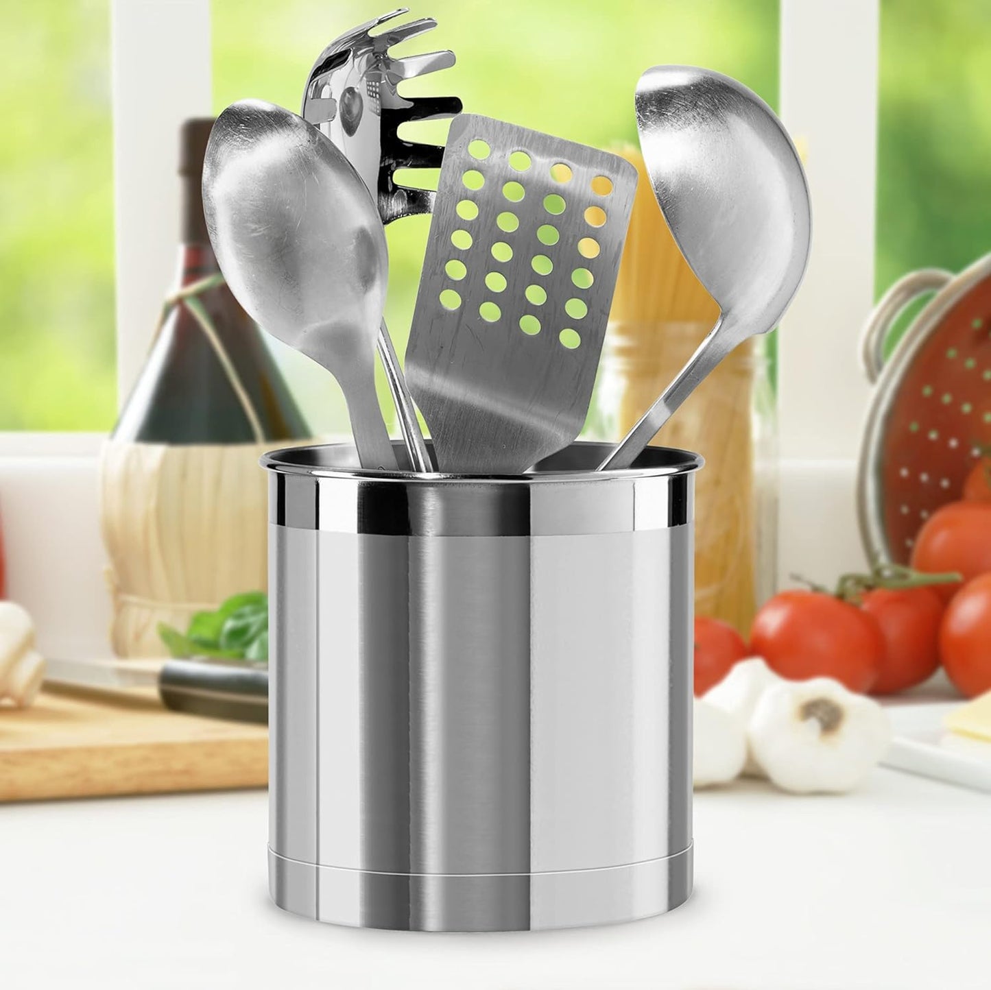 Oggi Stainless Steel Jumbo Utensil Holder - 7" Utensil Caddy, Weighted Base for Stability - Extra Large Utensil Crock and Countertop Utensil Organizer, Stainless Steel