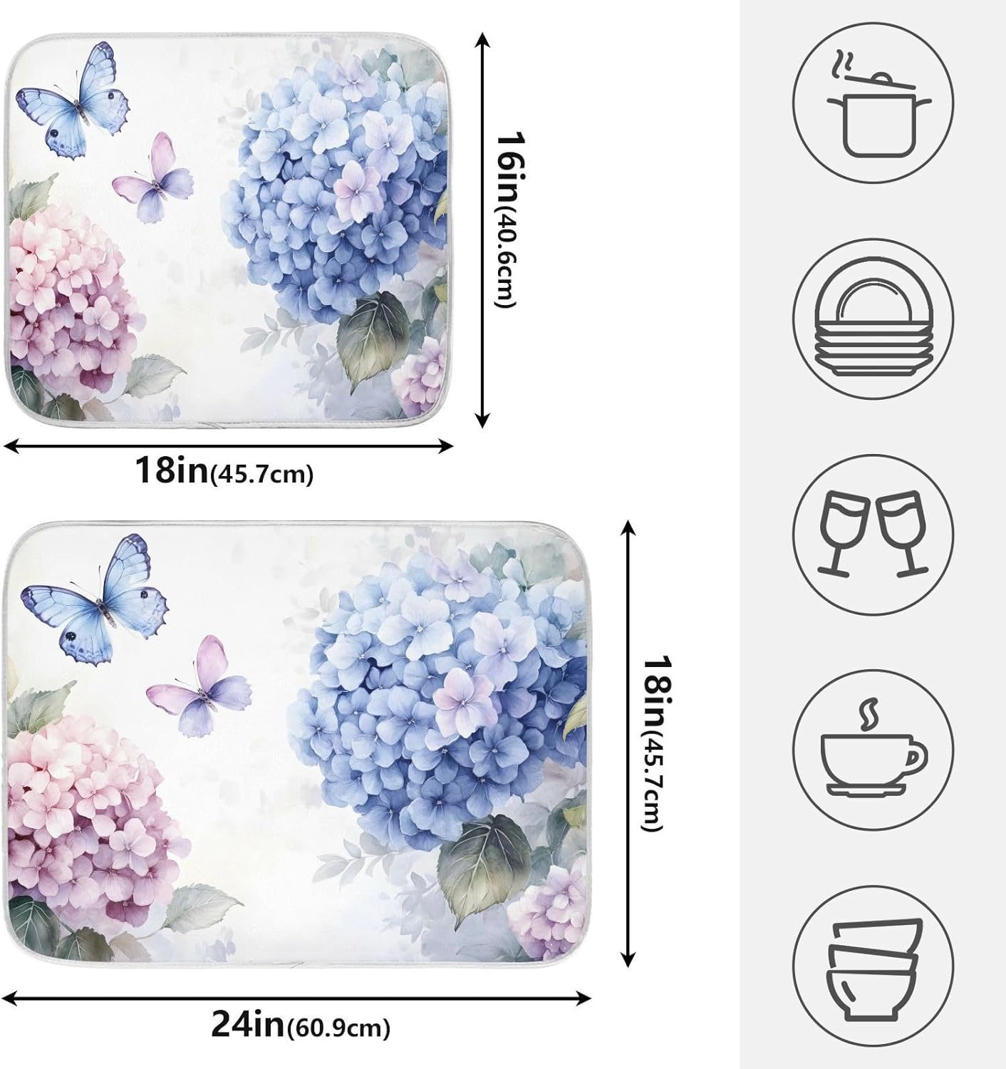 Blue Pink Hydrangea Spring Floral Dish Drying Mat for Kitchen Counter Absorbent Microfiber Large Drying Pad Dish mats for Kitchen Countertops 18 x 24 Inch