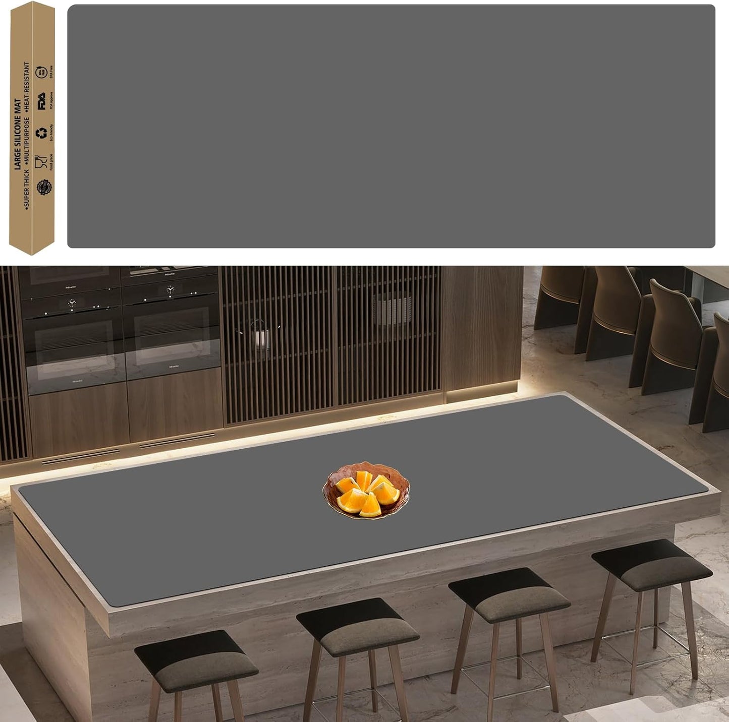 Super Large Silicone Mat, 120"x24"(305cmx60cm) Silicone Mats for Kitchen Counter, Non-Slip Heat Resistant Mat,Thicken Kitchen Counter Mat, Waterproof Countertop Protector for Craft (Dark Grey)