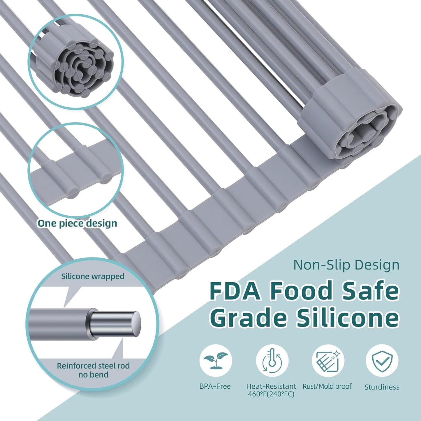 Ohuhu Dish Drying Rack Over The Sink, Roll Up Sink Rack 20.5" W x 13.1" L Rolling Dish Drainer Foldable Accessories Heat-Resistant Mat Anti-Slip Silicone Coated for Kitchen Counter