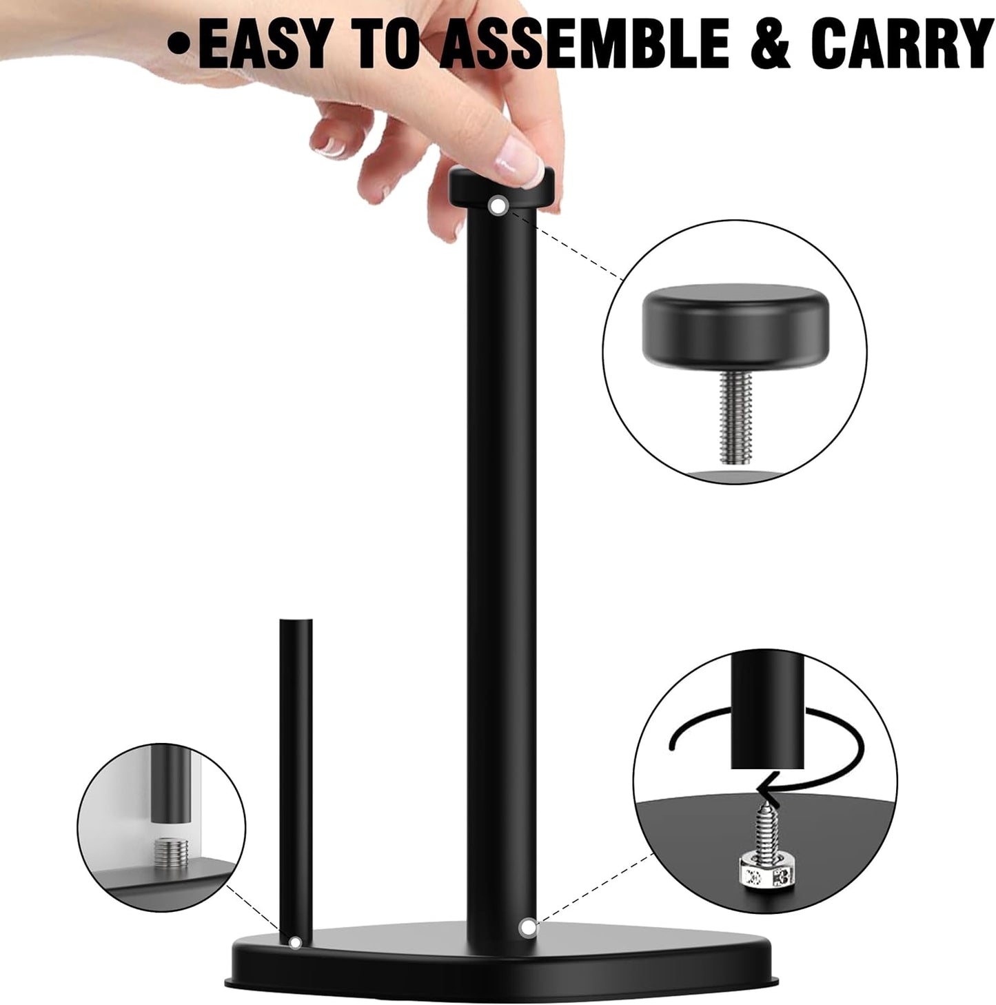 Paper Towel Holder Countertop, Standing Paper Towel Roll Holder for Kitchen Bathroom Organize, Stand with Weighted Base Suction Cups, Stainless Steel One-Handed Operation (Matte Black)