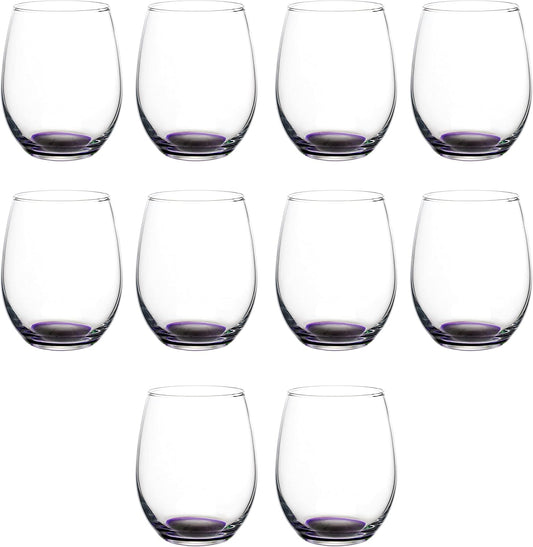 DISCOUNT PROMOS Stemless Wine Glasses in Bulk by ARC Perfection, 15 oz, 10 Pack, Purple or White Wine Glass Set, Purple
