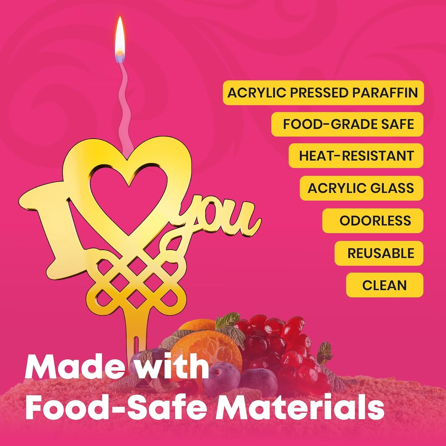 I Love You Reusable Gold Romantic Cake Candle - Luxury Cake Topper Candle for Birthdays, Weddings & Anniversaries - Reusable Food Safe Acrylic, Shiny Mirror Finish - Happy Birthday Cake Topper Decor