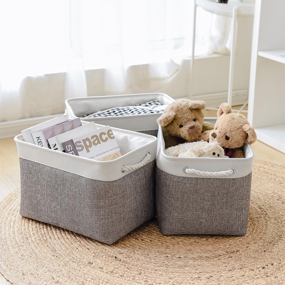 TheWarmHome Organization and Storage Basket for Organizing - 3 Pack 16x12x12 inch Cube Storage Bin Fabric Storage Cubes for Organizer Cloth Gift Toy Closet (White & Grey)