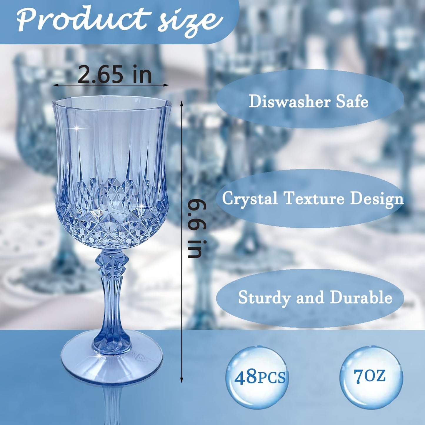 Blue Plastic Wine Glasses，Plastic Goblets for Parties，Drinking Glasses for Wedding Reception, Grand Event Party Supplies (48, Blue)