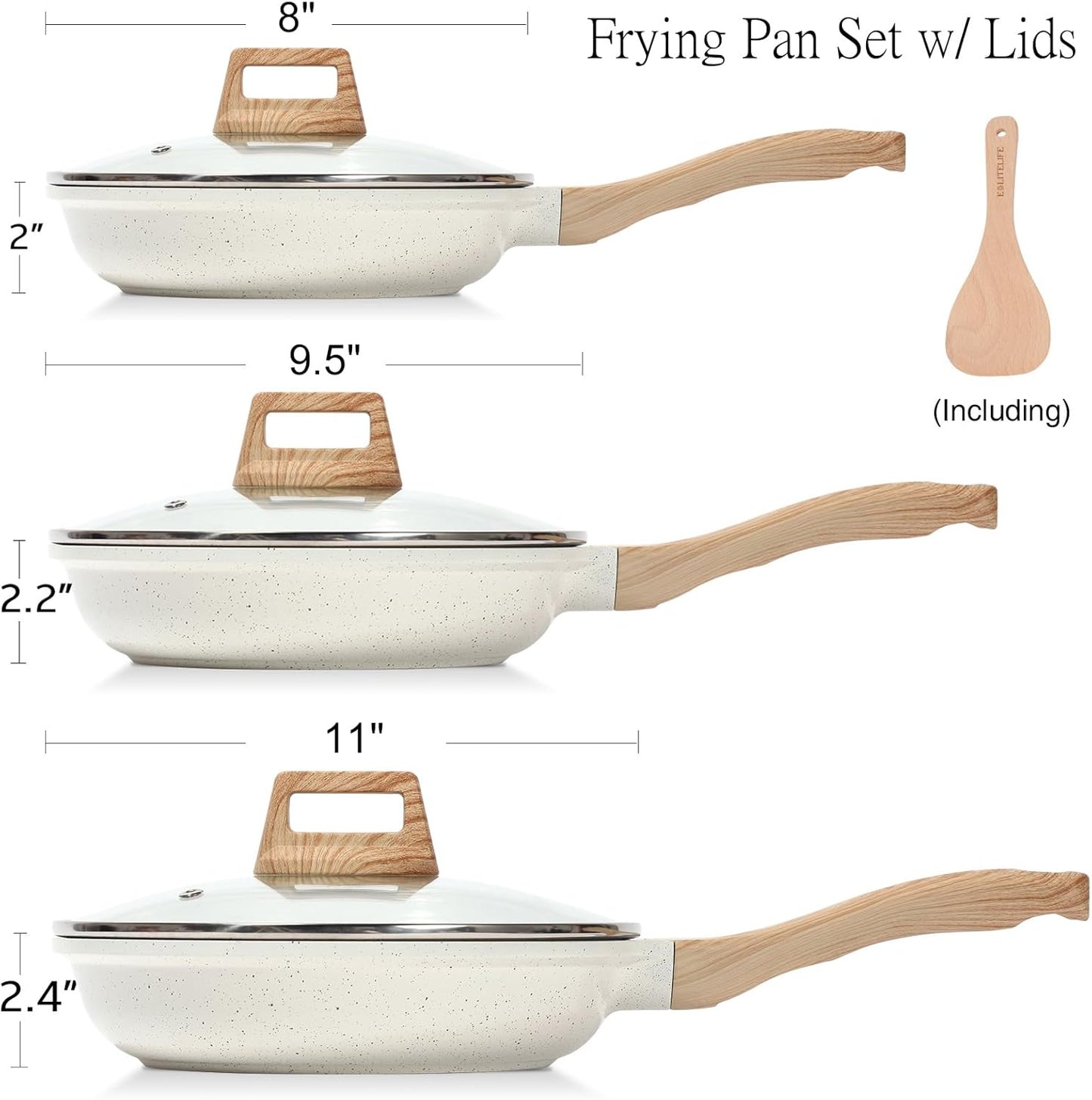 ESLITE LIFE Nonstick Ceramic Frying Pans Skillets Set with Lids, Non-Toxic Egg Omelette Kitchen Cooking Pans Compatible with All Stovetops (Gas, Electric & Induction), PTFE & PFOA Free (White)