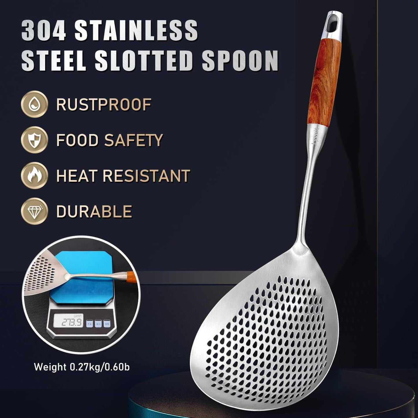 Large Slotted Spoon with Long Wooden Handle - Lyveit 16 Inch Deep Frying Scoop with Hanging Holes, 304 Stainless Steel Fryer Skimmer Spoons for Kitchen Cooking Frying Draining